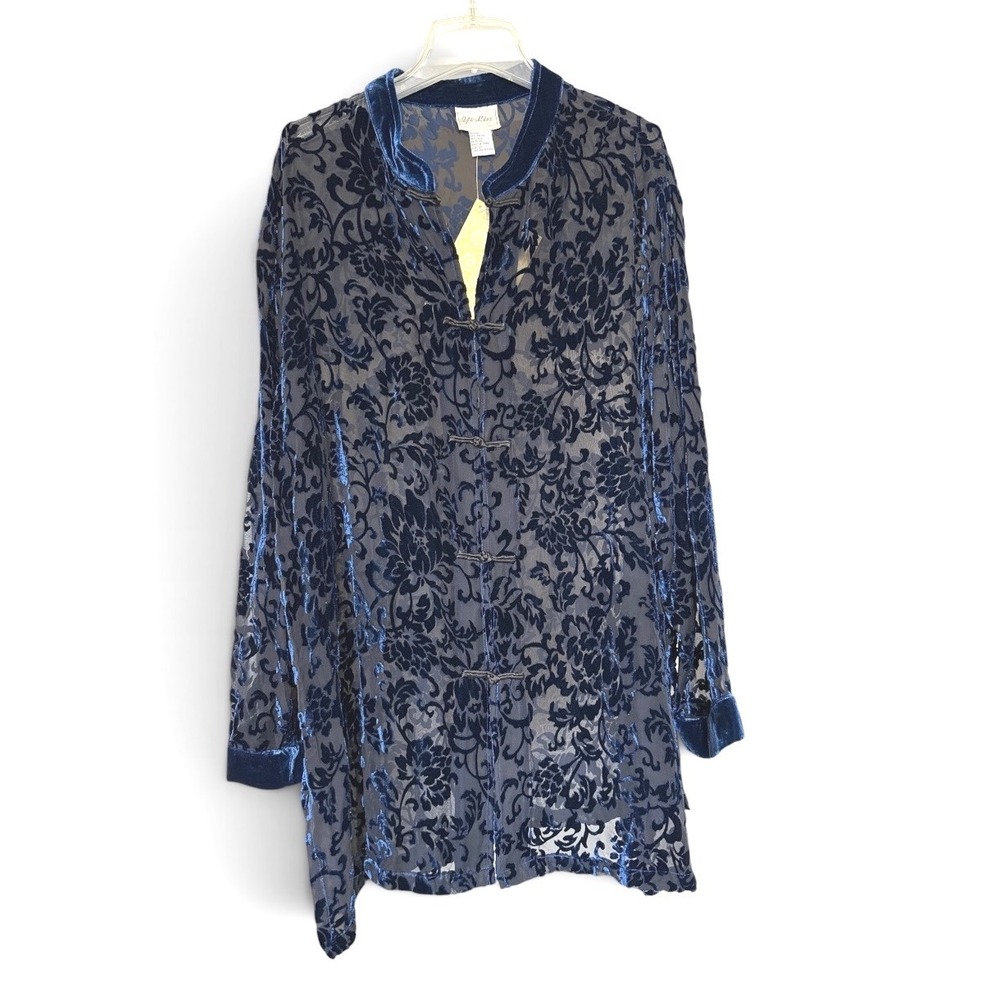 Vintage Yi Lin Burnout Velvet Top 2X Blue Silk Blend Floral Frog Knot Whimsigoth